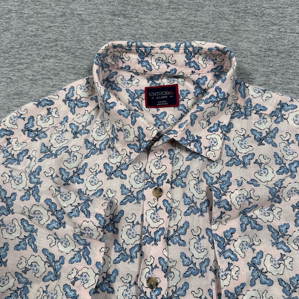 UNTUCKit Shirt Mens XL Pink Blue 100% Linen Short Sleeve Button Up Travel City